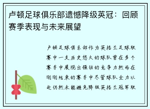 卢顿足球俱乐部遗憾降级英冠：回顾赛季表现与未来展望